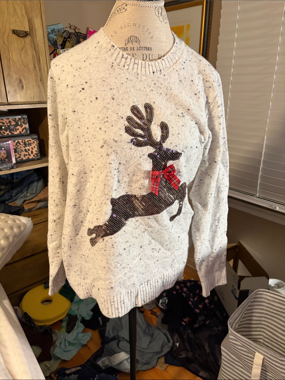 Cream Speckled Sequin Reindeer Sweater with Red Bow - XL